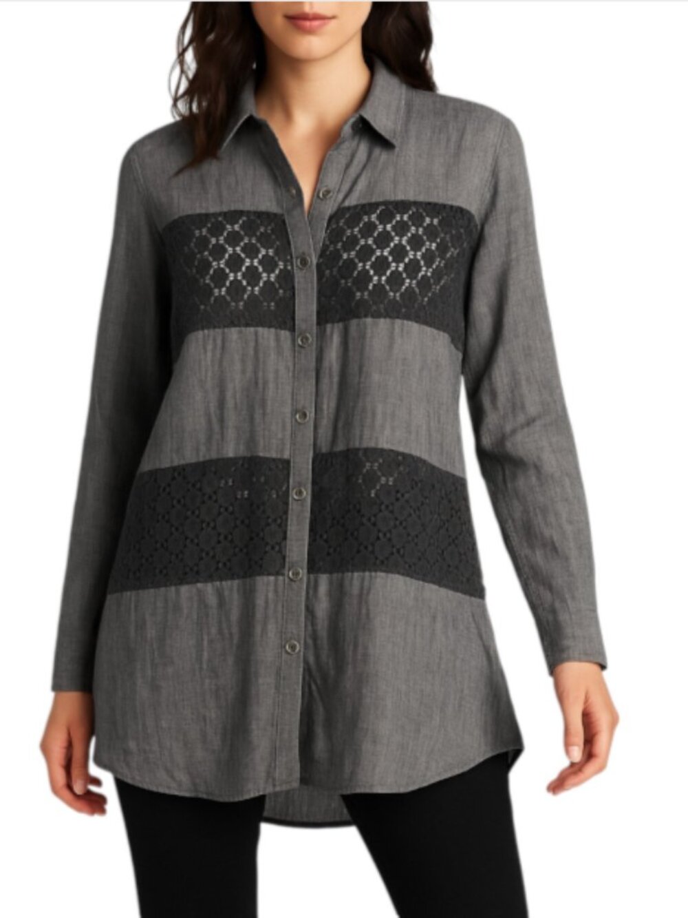 NEW Free People Small - Large Gray Top Semi-Sheer Black Eyelet Lace Button Front